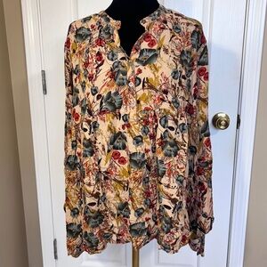 Umgee USA Plus Size 1XL Floral Babydoll Tunic Top Boho Long Sleeve Button Front